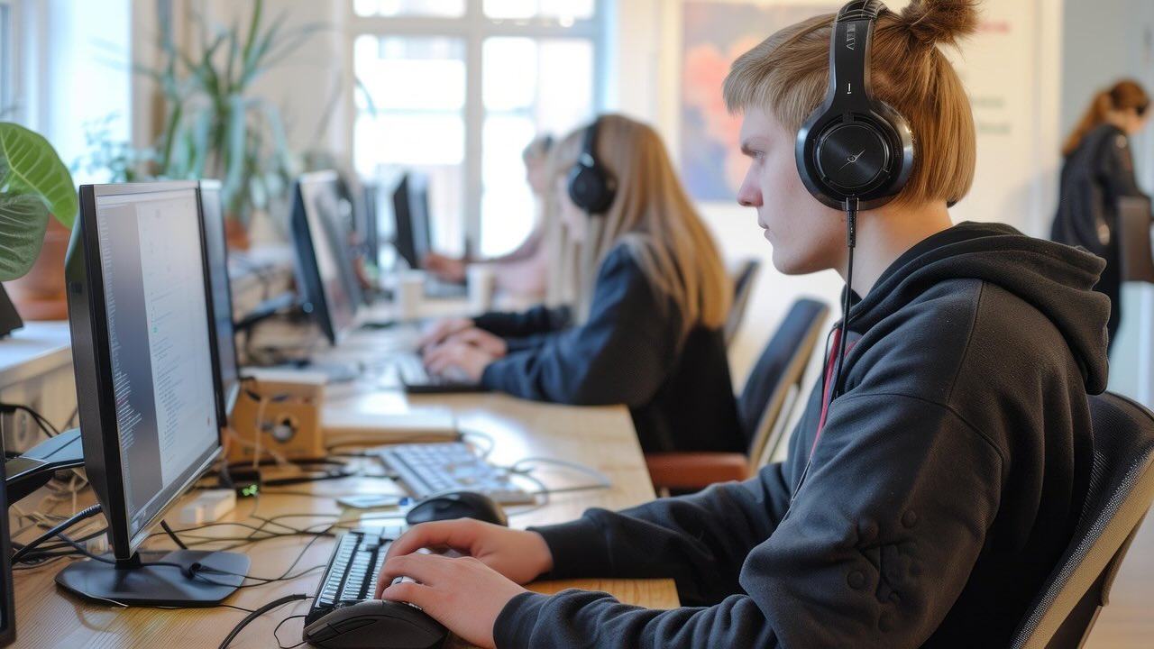 Estudiantes trabajando en un laboratorio informático